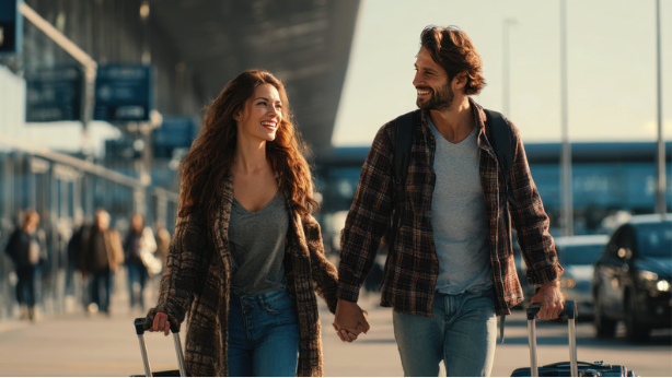 Couple walking hand-in-hand at Dallas Love Field Airport