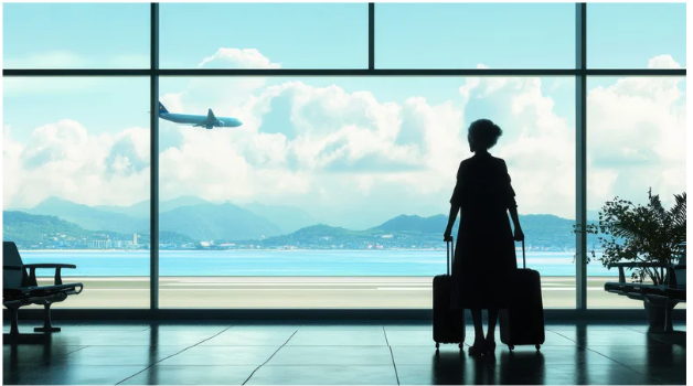 Woman standing at the terminal, watching an airplane depart