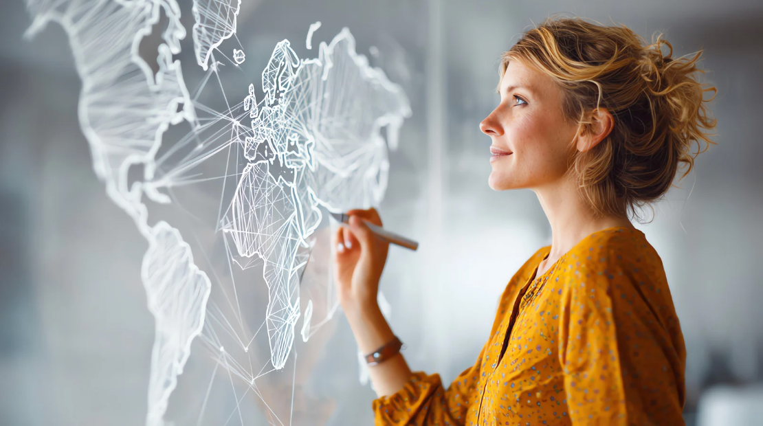 Gorgeous blonde woman drawing on opaque glass map of the world