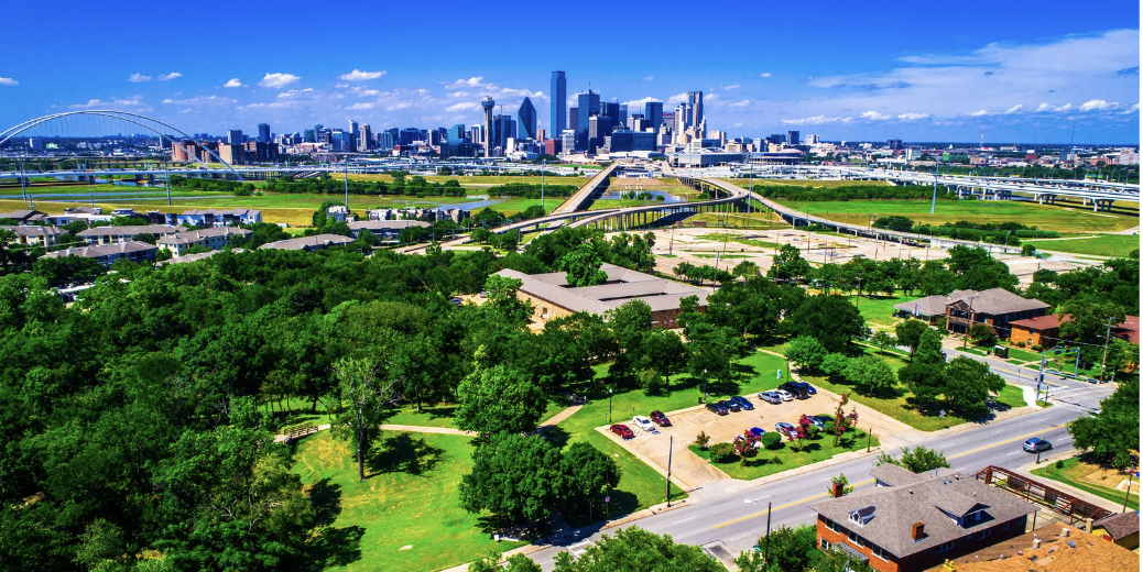 Zoomed out dallas skyline wih greenbelt