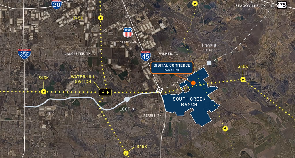 Map screenshot showing boundaries and location of South Creek Ranch the 5200 acre development in Ferris.

Image also includes location of the first digital commerce Park. Map a zoomed out to show location relative to Lancaster, Wilmer, and Seagoville.