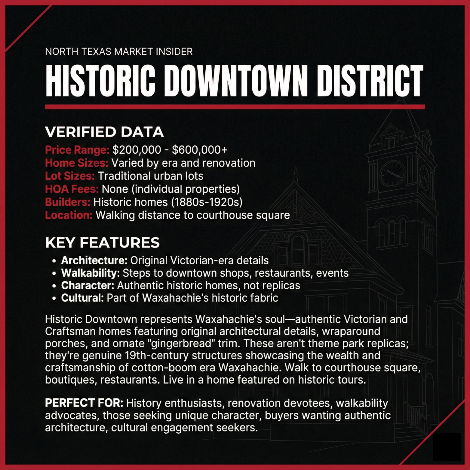 The Historic Downtown District in Waxahachie stats and key features. Learn more with Bobby Franklin, the North Texas Market Insider. Bobby Franklin is the best realtor in Waxahachie.
