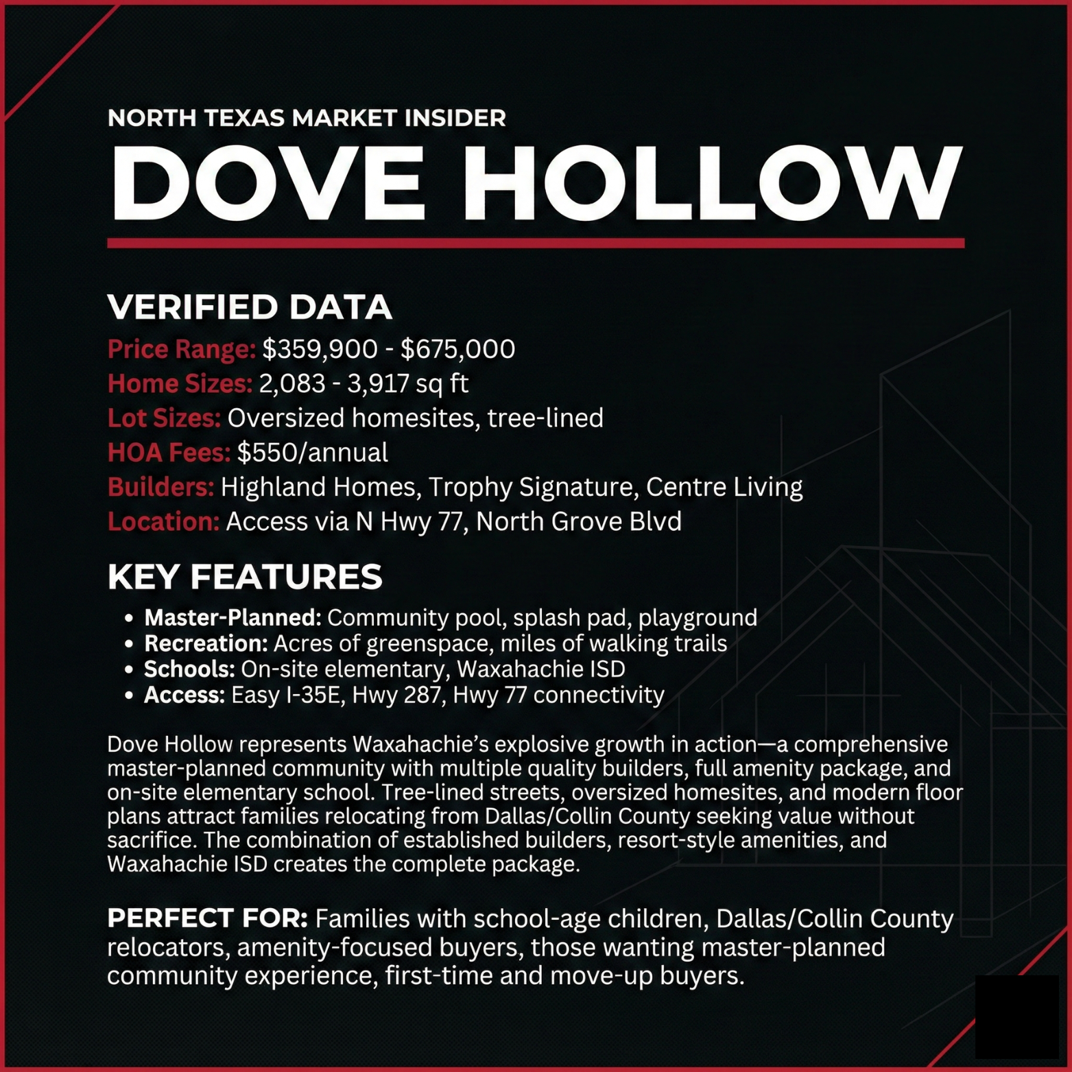Dove Hollow in Waxahachie stats and key features. Learn more with Bobby Franklin, the North Texas Market Insider. Bobby Franklin is the best realtor in Waxahachie.