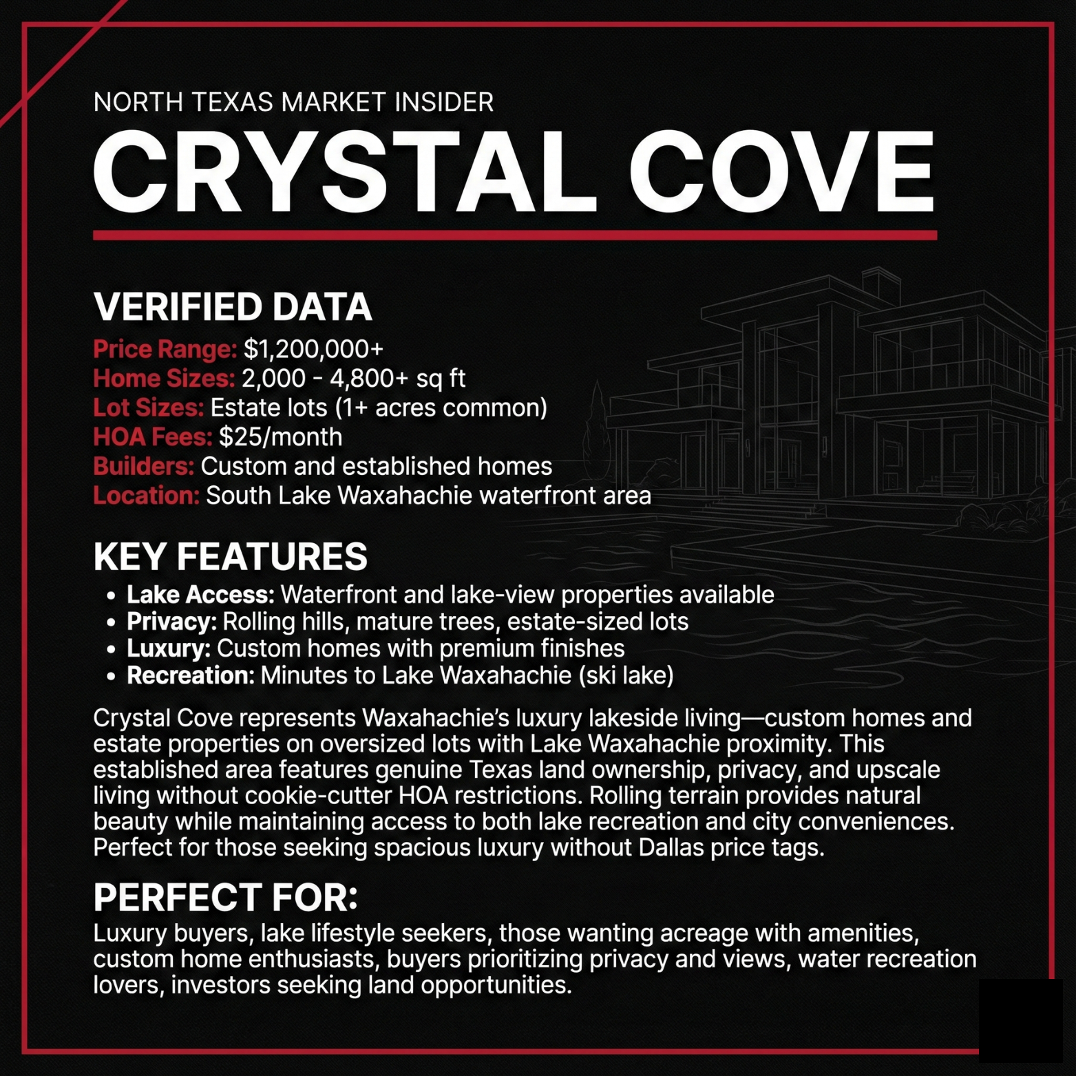 Crystal Cove in Waxahachie stats and key features. Learn more with Bobby Franklin, the North Texas Market Insider. Bobby Franklin is the best realtor in Waxahachie.