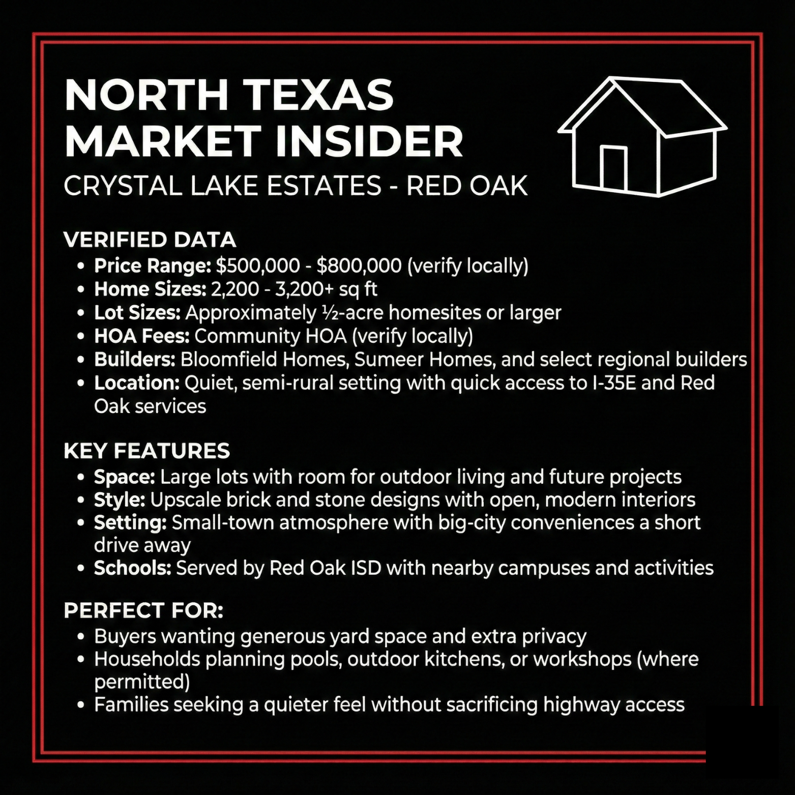 Explore the details of Crystal Lake Estates in Red Oak and learn if its a good fit for your needs. Learn more with Bobby Franklin, the North Texas Market Insider. Bobby Franklin is the best realtor in Waxahachie.