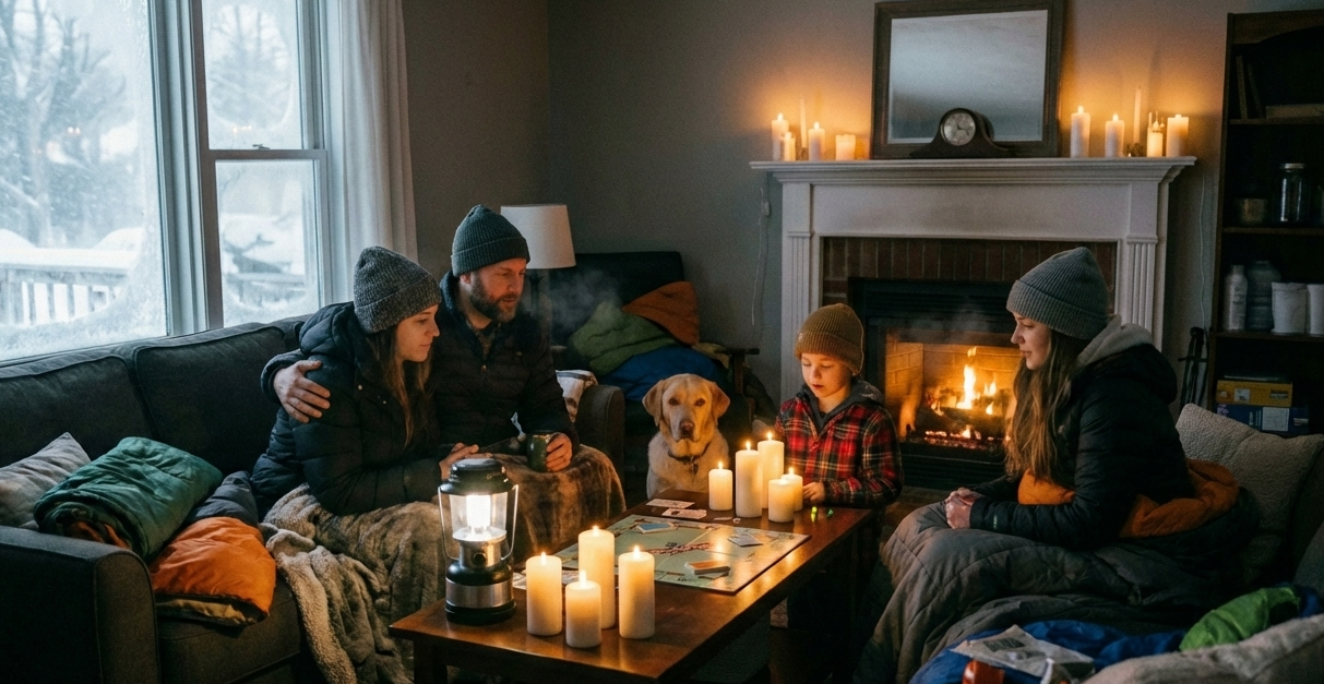 Your home will lose livable heat approximately 8 to 12 hours after the power goes out. If you don't have a fireplace, you need to seek a warming center in that timeframe.