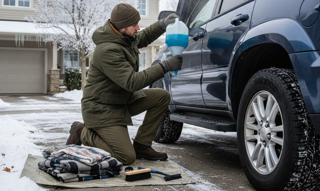 Follow these steps in order to winterize your vehicle before a big winter storm in North Texas. Fill gas tank (keep above half full throughout winter). Check battery condition and connections. Test windshield wipers and replace if worn. Verify heater and defroster operation. Check tire pressure and tread depth. Top off windshield washer fluid with de-icer formula. Test all lights (headlights, brake lights, turn signals)