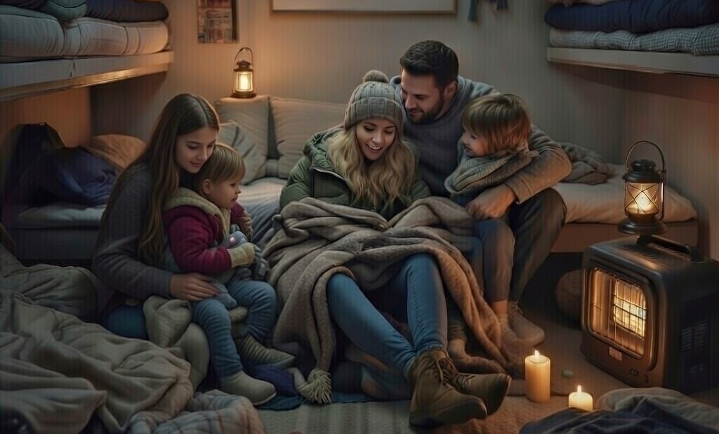 Establish a warm room where your family can huddle together and conserve heat. During a power outage you can't reasonably heat the whole house.
