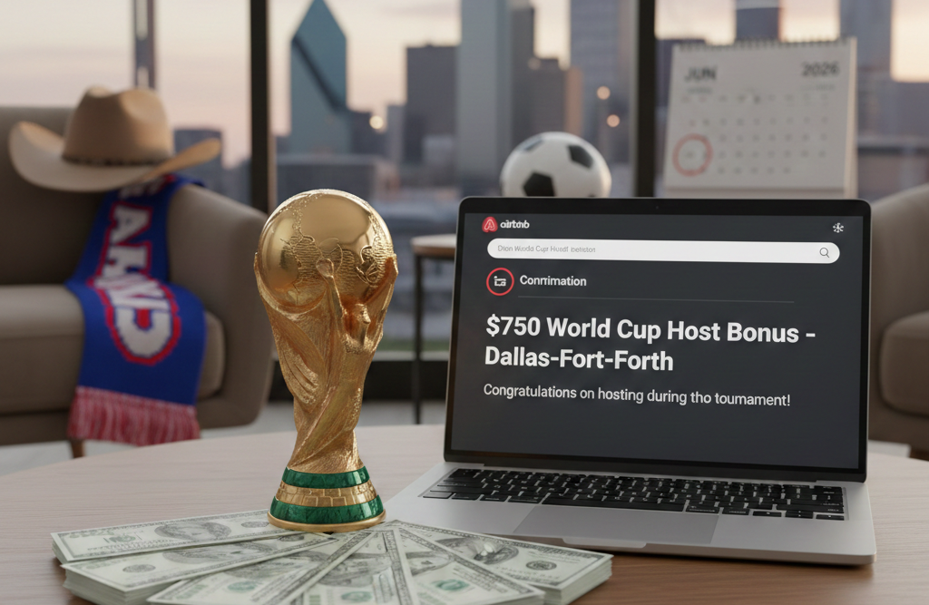 Airbnb is an Official FIFA World Cup 2026™ Tournament Supporter, and the $750 bonus is their play to get new hosts onto the platform before the tournament starts. Here’s the exact structure:You must be new — no active listings as of February 1, 2026.Entire home only — not a shared room, not a private room. The whole property.Your property must be within eligible ZIP codes in the Dallas host city zone, which includes Dallas, Fort Worth, and Tarrant County. The list is broader than most people expect, check Airbnb’s official World Cup host page for the exact qualifying areas.A guest must complete checkout by July 31, 2026.