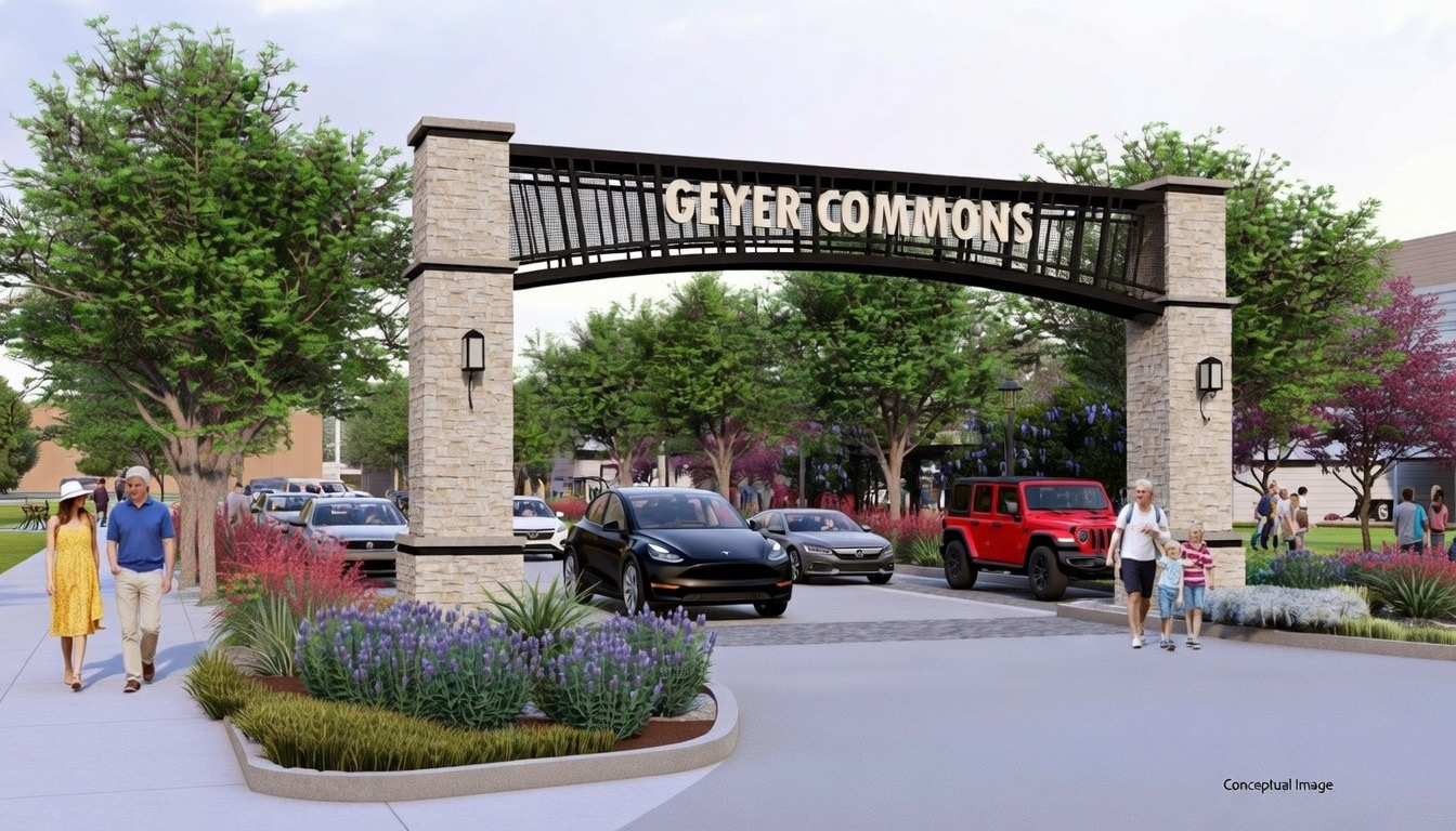 Geyer Field, in a collaboration between the City of Mansfield and Mansfield Independent School District. Phase 1A, opening February 27, includes 12 vendor cottages (224 square feet each), a programmable LED splash pad, open event lawns, public restrooms, food truck parking, and new infrastructure designed to support foot traffic and community programming.