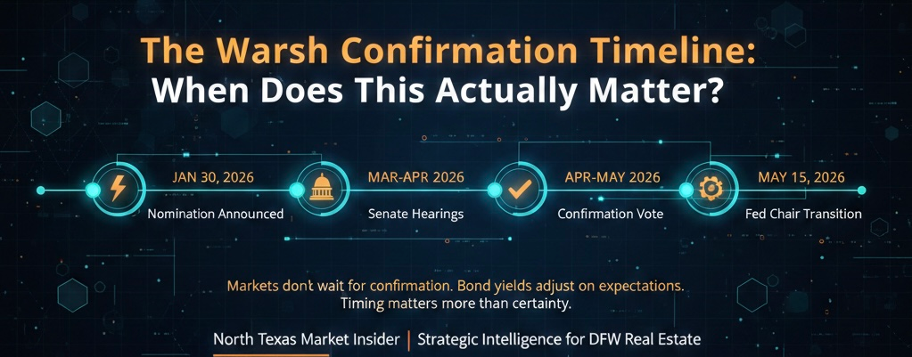 The Warsh Confirmation timeline.Nomination announced: January 30, 2026. Senate Banking Committee hearings: Likely March-April 2026. Full Senate confirmation vote: Likely April-May 2026. Jerome Powell’s term as Fed Chair ends: May 15, 2026. Warsh assumes Fed Chair role: May 15, 2026 (if confirmed)
