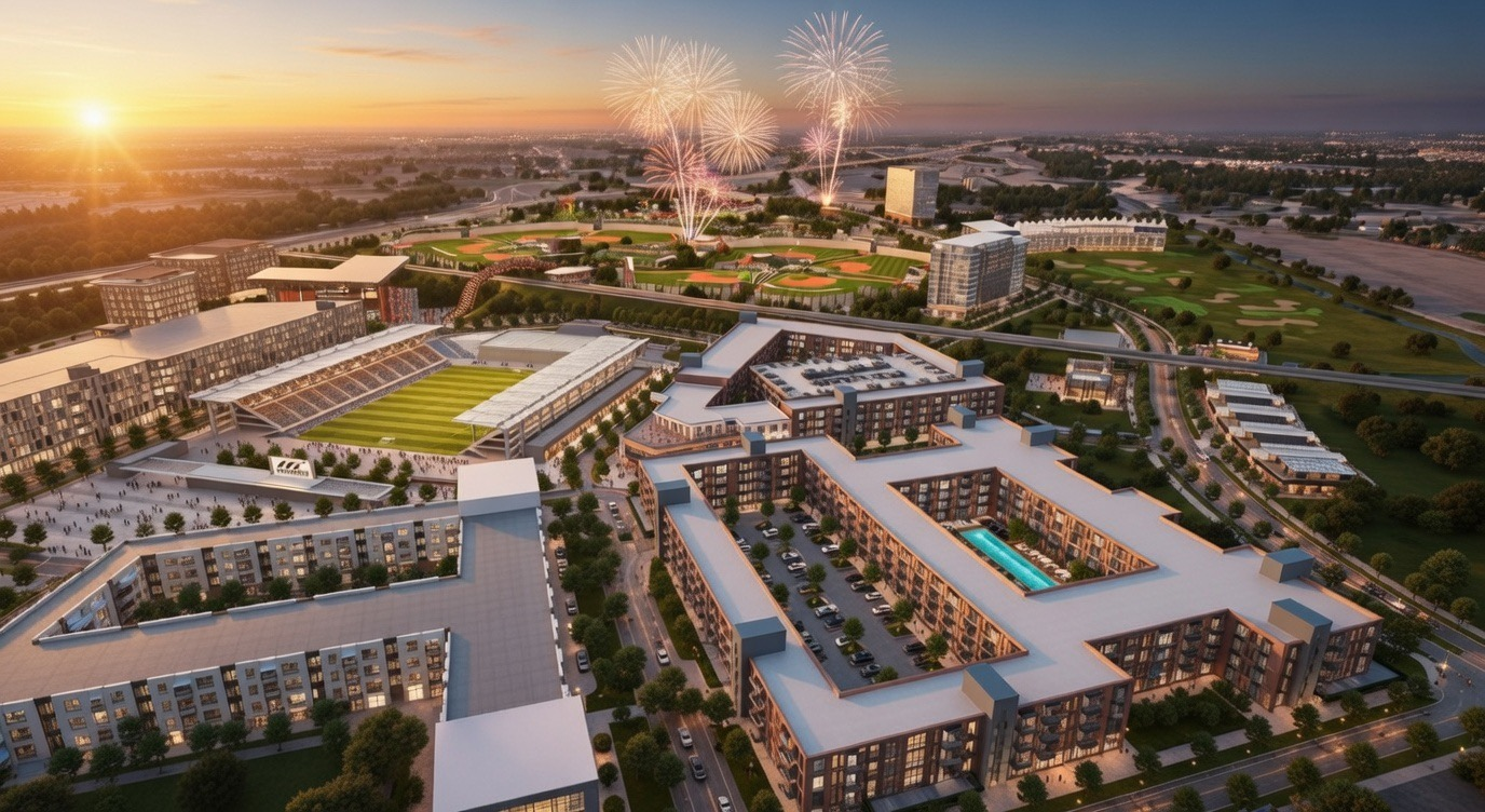 If Geyer Commons is the downtown anchor, the Staybolt Street Entertainment District is the economic engine that changes Mansfield’s competitive positioning within the entire DFW Metroplex.This is a $2.5 billion, 100-acre mixed-use development along Toll Road 360 that will fundamentally alter the city’s tax base, employment profile, and visitor demographics.Key components include:A 7,500-seat multi-sport stadium - the permanent home of North Texas SC, an MLS NEXT Pro club affiliated with FC Dallas. This isn’t a high school football stadium. This is a professional sports venue designed to host soccer matches, concerts, festivals, and regional events year-round.High 5 Entertainment - a two-story, 45,000-square-foot family entertainment center featuring bowling, laser tag, arcade games, mini golf, dining, and a rooftop concert venue. Think Dave & Buster’s meets Topgolf with better execution.Hotels and convention space - hundreds of rooms and a 20,000+ square-foot event facility designed to capture corporate meetings, weddings, and regional conferences that currently leave Mansfield for Fort Worth or Arlington.Retail and restaurant space - more than 100,000 square feet of walkable mixed-use development integrated directly into the district’s master plan.Residential units — hundreds of new homes and multifamily units built directly into the district, creating a live-work-play urban core along SH-360.