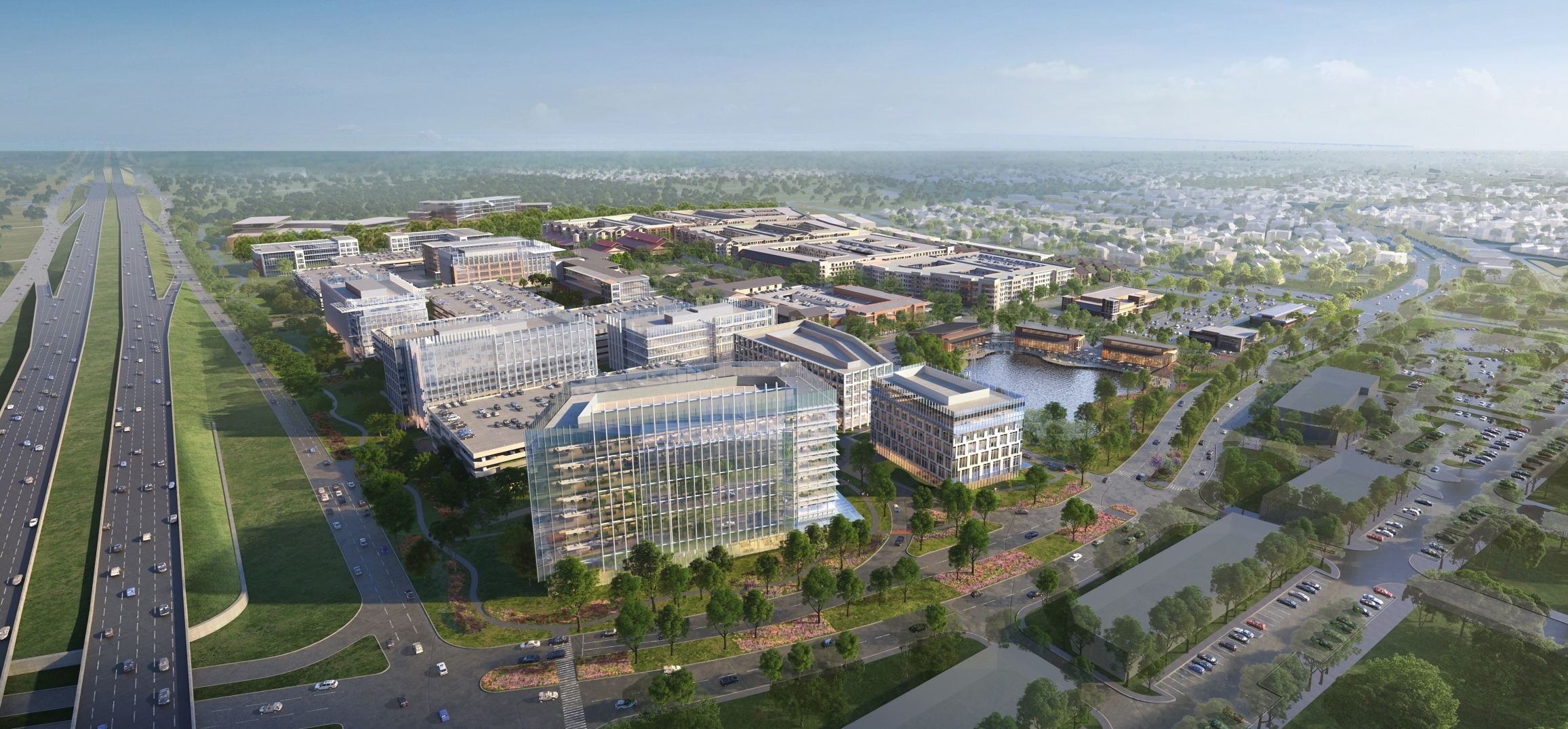 The Farm in Allen is a 135-acre mixed-use destination at Sam Rayburn Tollway and Alma Drive — and it’s not a concept or a rendering anymore, it’s a functioning destination. The numbers on this development are significant: at full buildout, it will include 1.6 million square feet of office space, a hotel, 60,000 square feet of restaurants, 112 townhomes, and 2,400 urban residential units, anchored by a 16-acre greenbelt and 2.5 miles of trails.