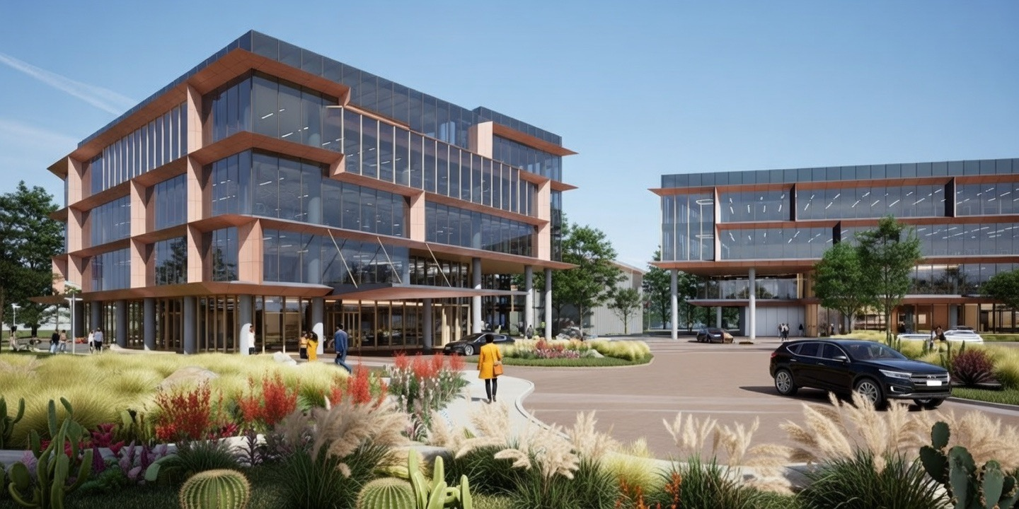 The Ranch in Allen is a 10-acre, nature-inspired mixed-use development along State Highway 121 near Exchange Parkway, developed with a specific focus on outdoor space, wellness, and trail connectivity. According to reporting from Allen American, the campus will include 180,000 square feet of office space across two buildings, on-site dining anchored by Katy Trail Ice House Ranch, and direct connections to Allen’s award-winning 80-mile hike-and-bike trail system.