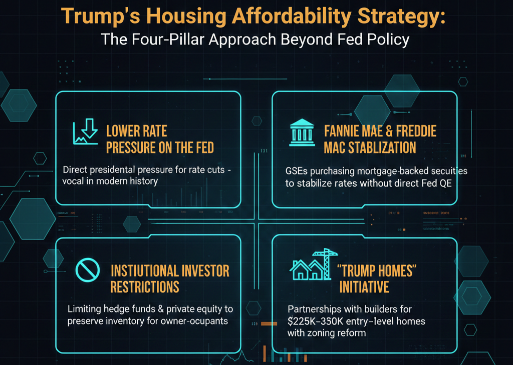 Fed policy is one piece of the puzzle. Trump’s broader housing agenda is the other piece, and it directly impacts our North Texas markets. His plan:	1.	Lower Rate Pressure on the Fed	2.	Fannie Mae and Freddie Mac as Market Stabilizers	3.	Institutional Investor Restrictions	4.	“Trump Homes” and Entry-Level Development Initiatives