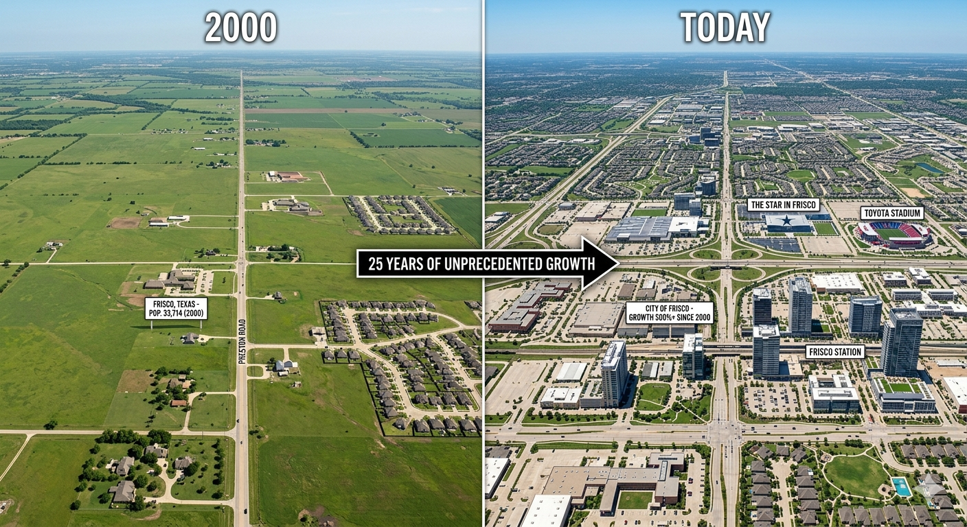 In 2000, Frisco had 33,714 people. Today, the city sits at an estimated 251,430 residents, more than 500% growth in just over two decades, per the Frisco Economic Development Corporation. Between 2010 and 2019 alone, Frisco’s population jumped 71.1%, earning it the title of the fastest-growing large city in the United States for that entire decade, according to U.S. Census Bureau data. Even from 2020 to 2024, the city grew more than 17%, during a period when most of the country was pumping the brakes on housing.