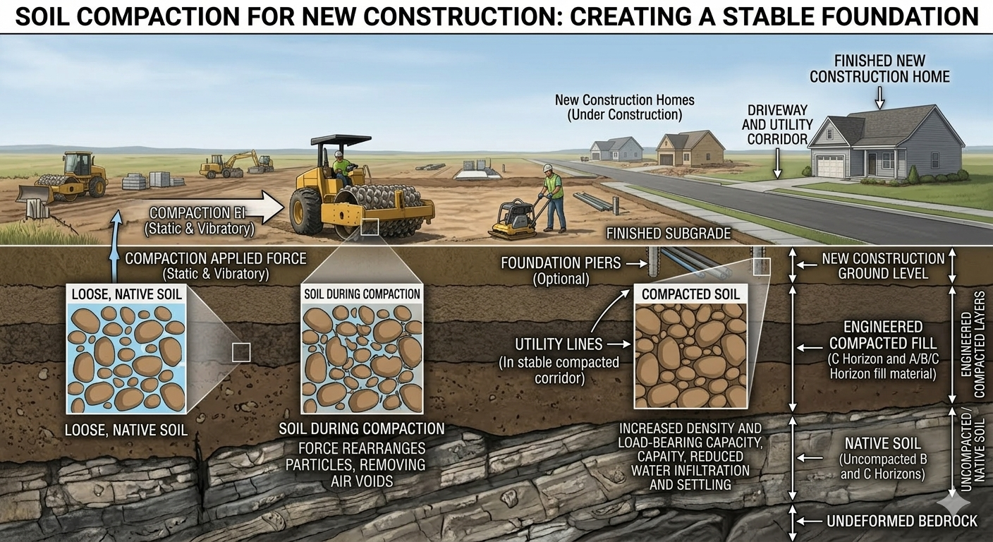 When a lot is graded and prepared for construction, builders typically need to add fill material to create a level building pad. That fill must be compacted to approximately 95% density (per current standards) to properly support the weight of the home above it. The failures occur when fill material is poor quality or insufficient density. When builders use cheap fill that doesn’t match the site’s soil characteristics, they’re setting up the foundation for failure from the first day.