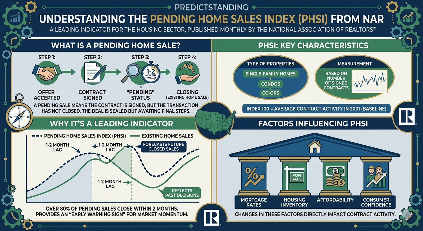 The Pending Home Sales Index is a monthly leading indicator from NAR that tracks signed real estate contracts for existing single-family homes, condos, and co-ops that haven’t yet closed. When you sign a purchase agreement, you show up in the PHSI. When that deal closes 30–60 days later, you show up in existing-home sales.