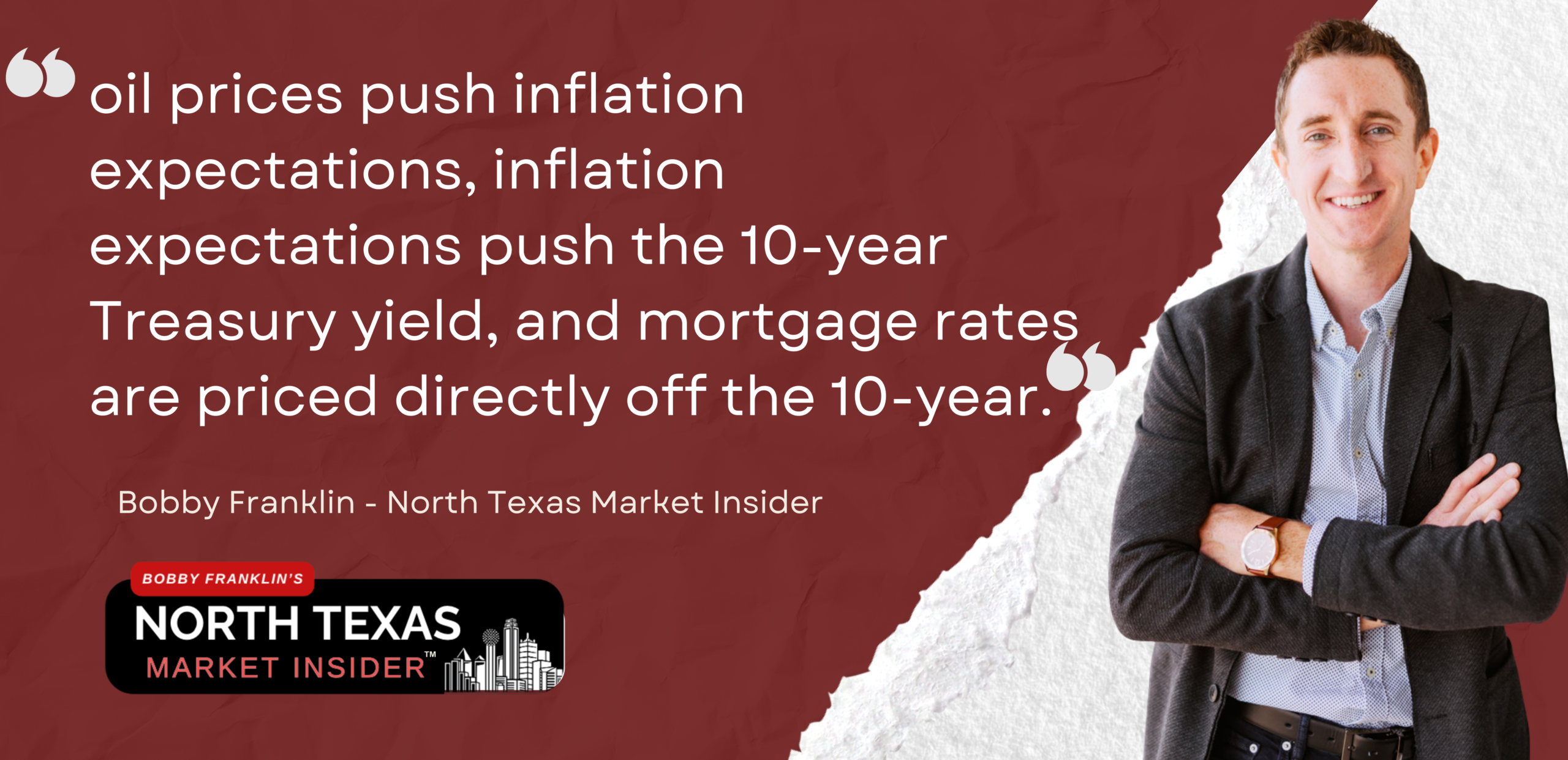 Here is the chain reaction. Memorize this, because every other “market update” you read this spring is going to skip it: oil prices push inflation expectations, inflation expectations push the 10-year Treasury yield, and mortgage rates are priced directly off the 10-year. When a region that supplies a meaningful share of global crude becomes a war zone, the bond market doesn’t wait for the data. It prices in the inflation risk immediately. Your mortgage rate moves before the first oil tanker even reroutes.