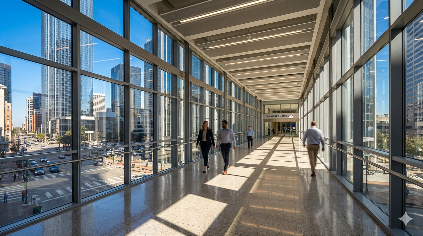 The Dallas Pedestrian Network, also called the Dallas Pedway, the Dallas underground, or simply “the tunnels”, is a system of grade-separated pedestrian walkways covering 36 city blocks beneath and above downtown Dallas. The system runs through a combination of underground tunnel segments and elevated sky bridges, connecting major office buildings, hotels, parking structures, and parks into a single continuous network.