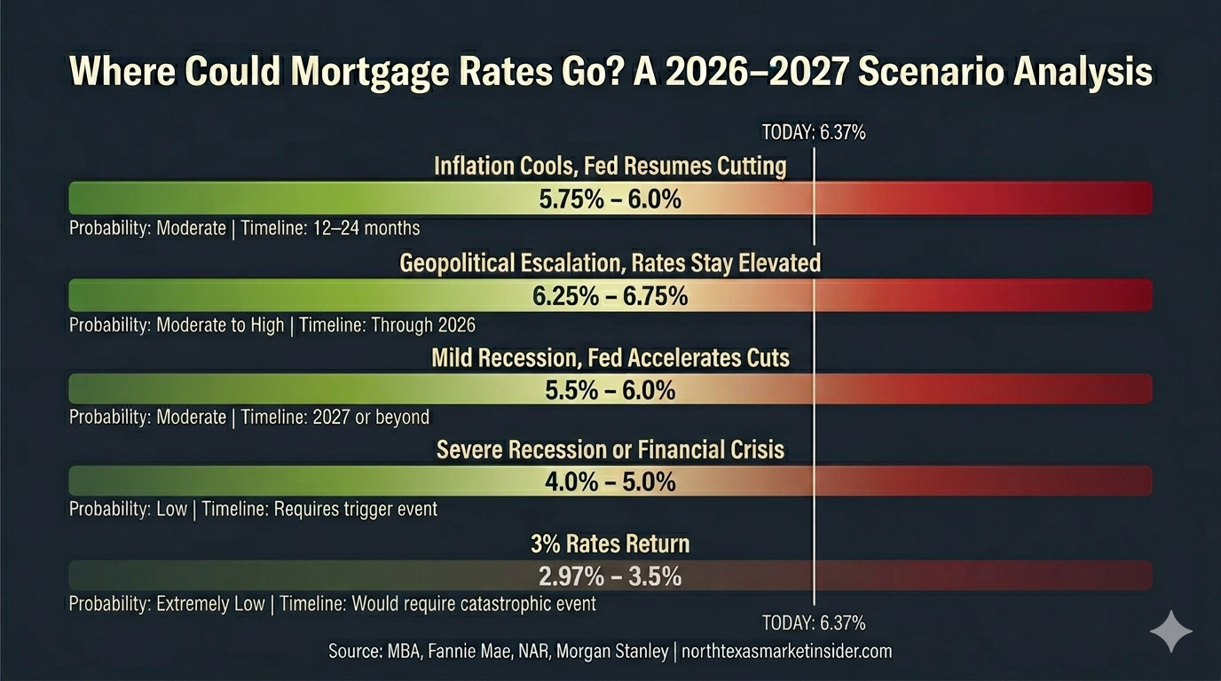 Let me walk through the realistic and less-realistic scenarios for rate movement, because this matters for your planning horizon. Understanding what would have to happen — and how likely each scenario is — is the intelligence edge that separates strategic buyers from reactive ones.