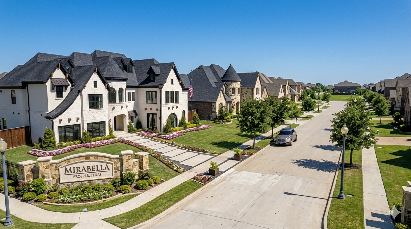 Mirabella is a planned 190-acre gated luxury residential community in Prosper, Texas, developed by Tellus Group and built out primarily by Highland Homes and their luxury arm, Huntington Homes. Public reporting from Community Impact and DFW Agent Magazine places the community at approximately 288 to 290 single-family homes total.