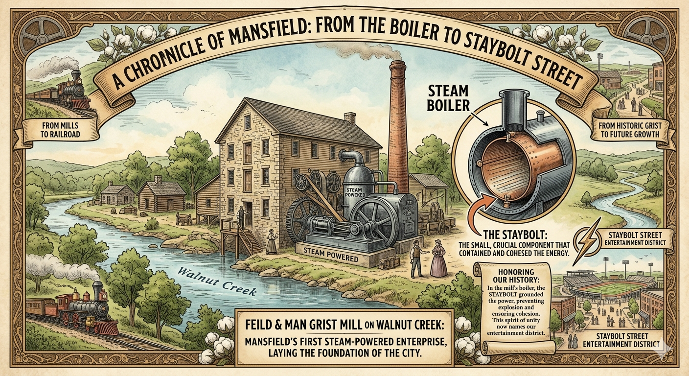 In 1857, partners Ralph S. Man and Julian B. Feild built a steam-powered grist mill on Walnut Creek that became the economic anchor of what would eventually be called Mansfield. Inside that steam boiler, a component called a staybolt held the structure together. More precisely, it kept the internal pressure contained and the system running safely.
