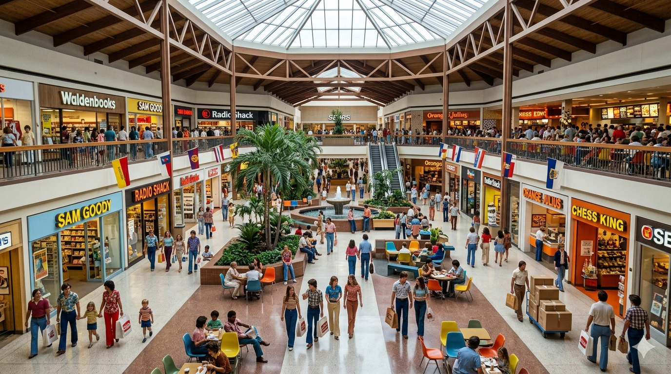 The first enclosed shopping mall in the United States opened in 1956. Climate-controlled, anchored by major department stores, designed around the reality of postwar suburban life where everything was spread across miles of car-dependent development. The mall solved a real logistical problem and became something far larger than logistics, it became a cultural institution. Between 1970 and 2002, over 800 shopping malls were built across the United States, and the industry transformed retail into one of the most powerful economic engines in the country.