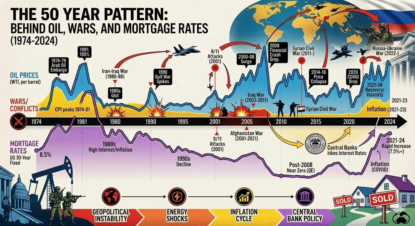 very major oil shock of the last half century has moved through the same sequence, oil → inflation → the Fed → mortgage rates, and the housing market felt every one of them.