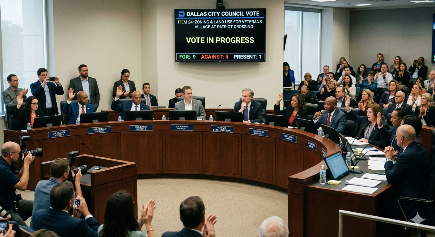 On May 27, 2026, the Dallas City Council voted unanimously to transfer 7.33 acres of city-owned land at 4515 South Lancaster Road to the Veterans Community Project, a nonprofit founded by combat veterans that has already built six successful villages across the country. Fortunately for this project, that land has been dead for over a decade. The city paid more than $4 million for it in 2015 as part of a development called “Patriots Crossing” that never materialized. Request after request for proposals with multiple failed RFPs and still nothing moved, until now. As KERA News reported in its coverage of the vote, this parcel sat as a monument to municipal inertia for years, directly across from the largest VA hospital in North Texas.