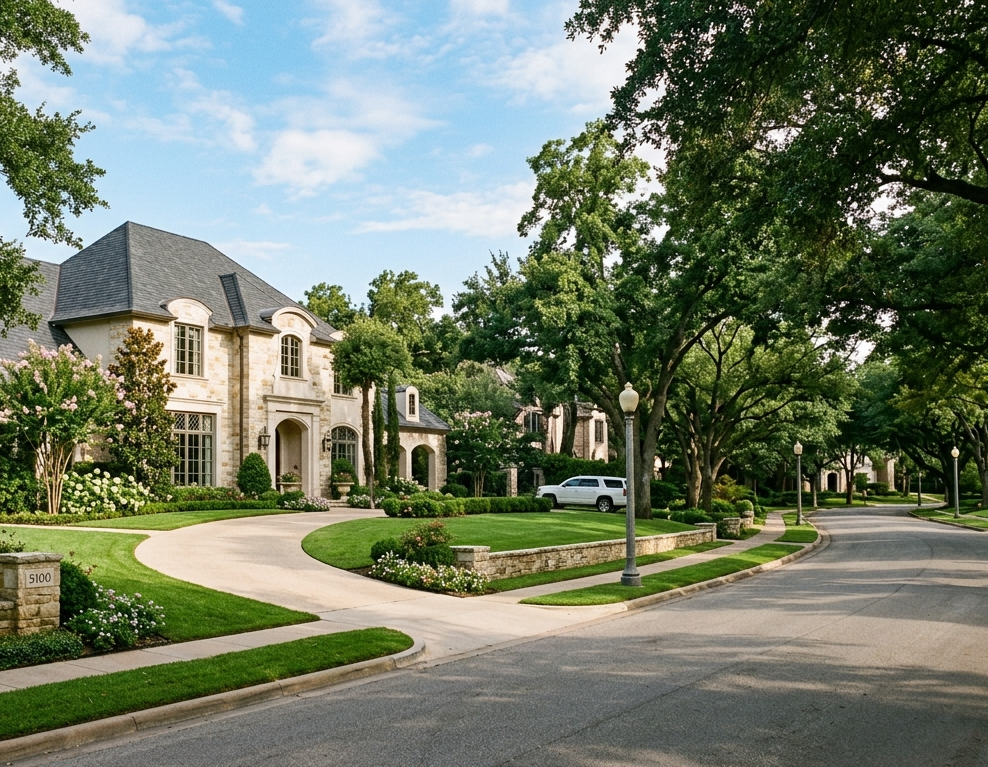 Preston Hollow, Dallas - heavy canopy over an estate-lot street
