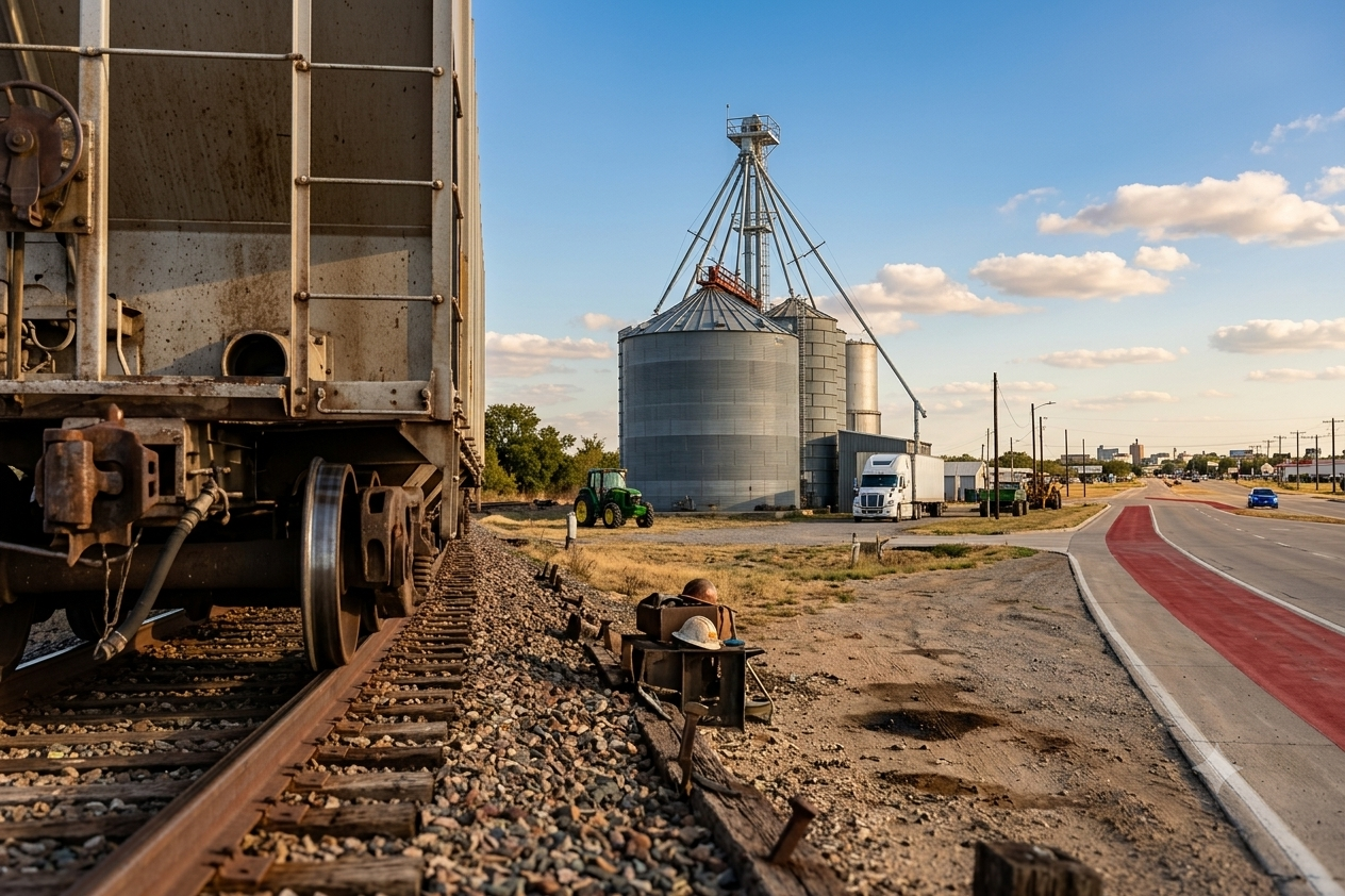 Justin, Texas - small town main street and open land