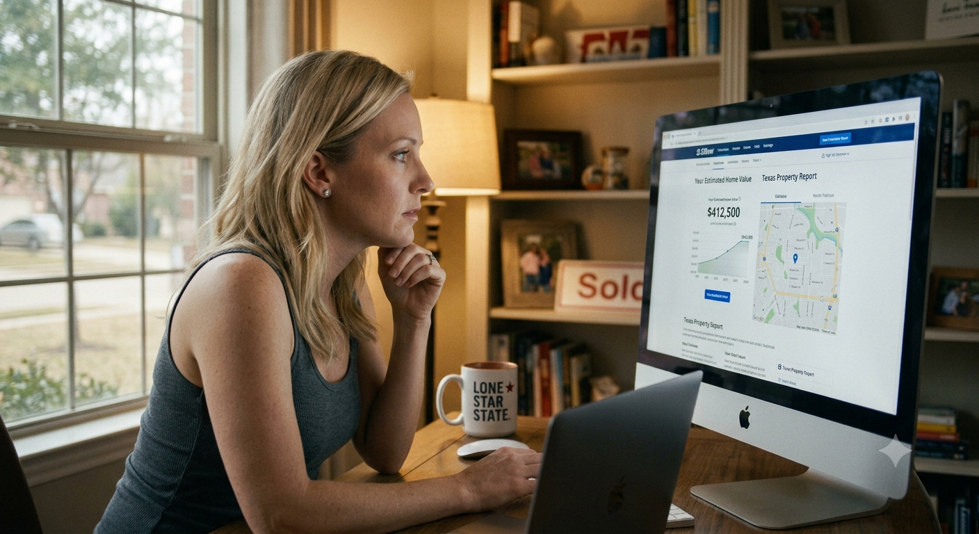 Homeowner looking at her property value online deciding if she wants to sell