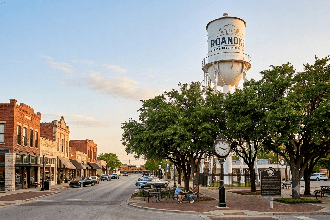Roanoke, Texas - historic Oak Street storefronts downtown